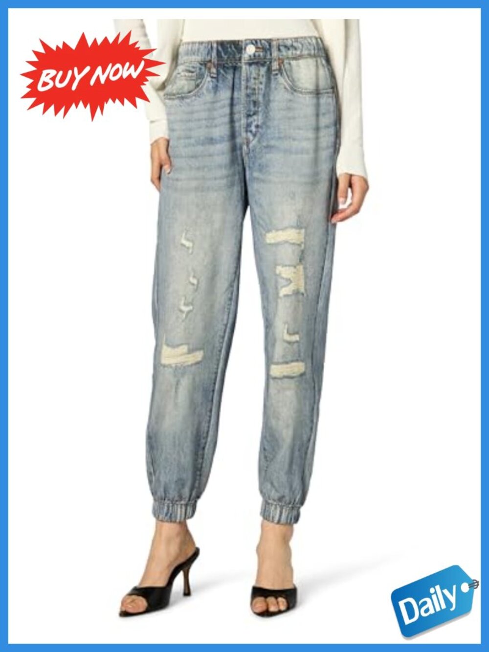 French Terry Distressed Printed Denim Jogger Loose Fit Casual Pants